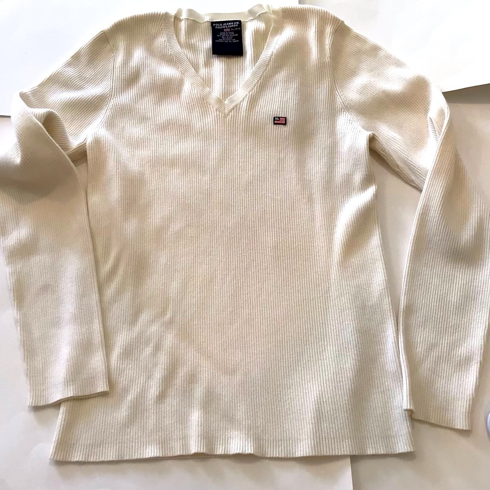 Polo Jeans Ralph Lauren Womens Sweater XL Ivory Ribbed Knit V-Neck Cotton Blend